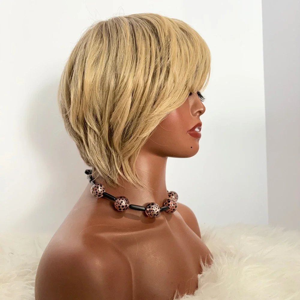 Womens Blonde Short Pixie Cut Bob Wig Side Swept Bangs Layered Hairpiece
